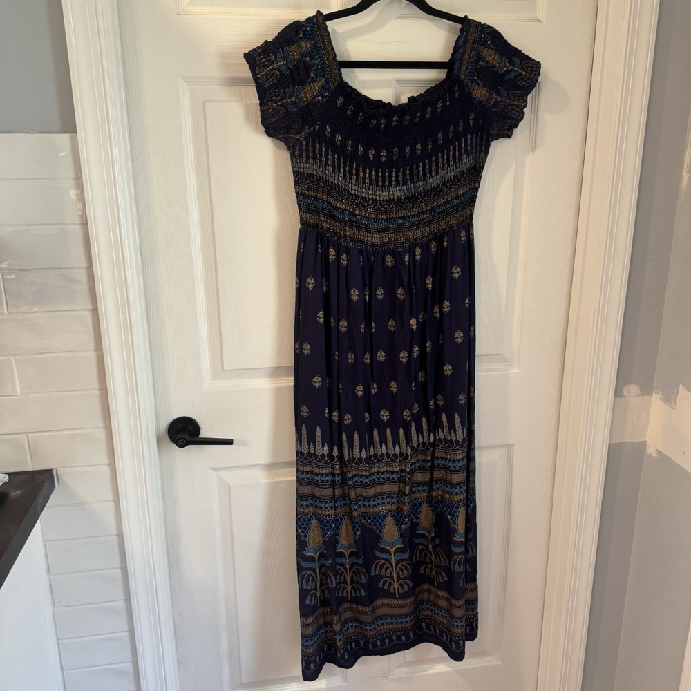 Womens Lapogee Maxi Dress Off The Shoulder Strapless‎ Sz 2X Blue Gold Indi Boho